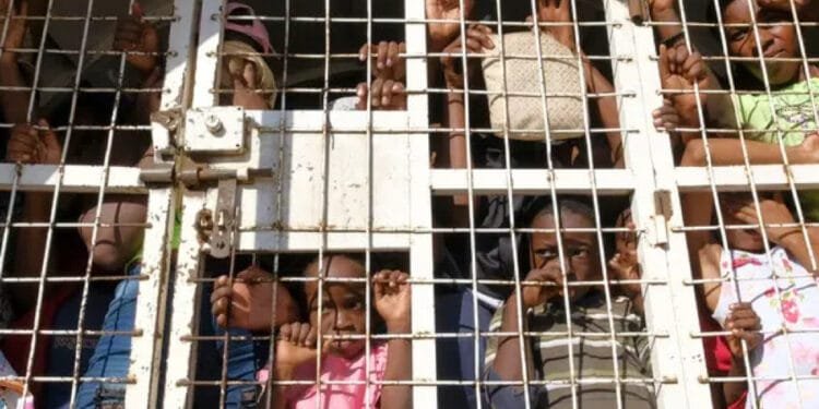 Des migrants haïtiens expulsés marchant avec leurs bagages près de la frontière entre Haïti et la République dominicaine, sous la surveillance de gardes-frontières.